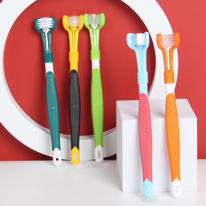 KFX-5120445 Three-Headed Pet Toothbrush for Effective Oral Cleaning - Grass Green, Dark Green, Yellow-Black, Blue-Red, Orange