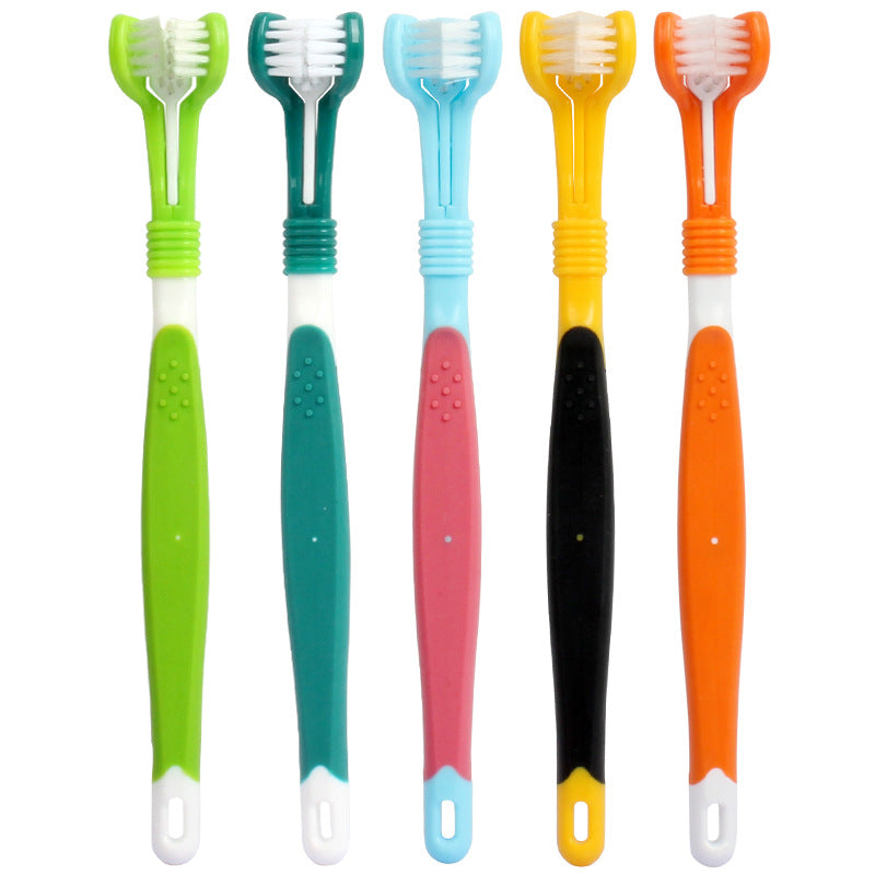 KFX-5120445 Three-Headed Pet Toothbrush for Effective Oral Cleaning - Grass Green, Dark Green, Yellow-Black, Blue-Red, Orange