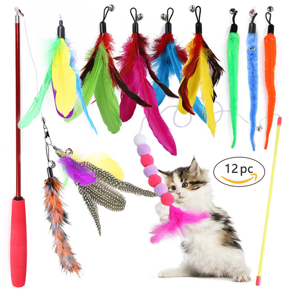 KFX-5123389 Retractable Feather Bell Cat Toy Fishing Head Replacement Set, 12 Pieces