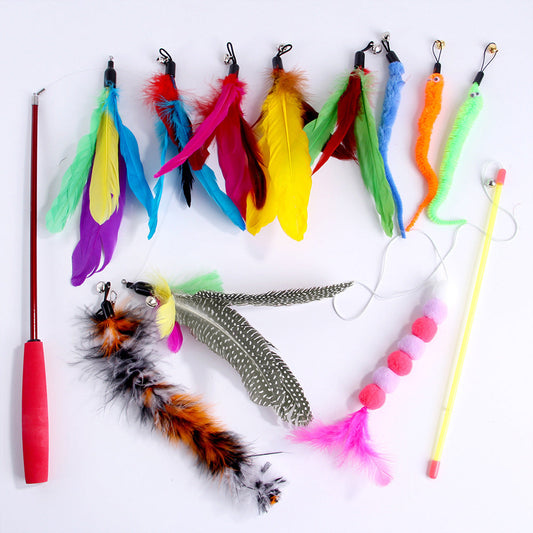 KFX-5123389 Retractable Feather Bell Cat Toy Fishing Head Replacement Set, 12 Pieces