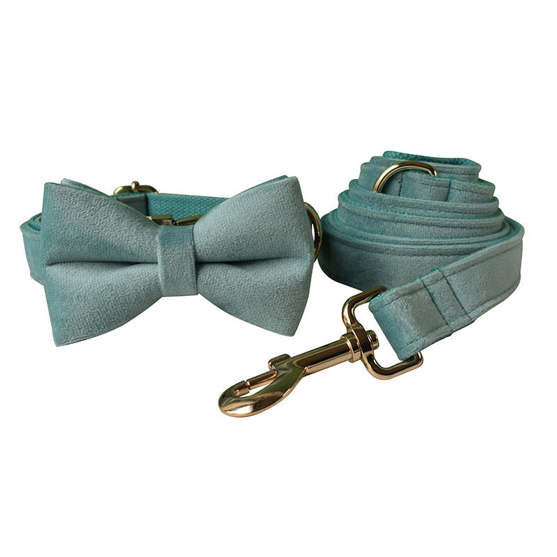 KFX-5124541 Lake Green Velvet Double Layer Dog Collar with Gold Buckle and Leash Set, Bow Included, Sizes S-XL