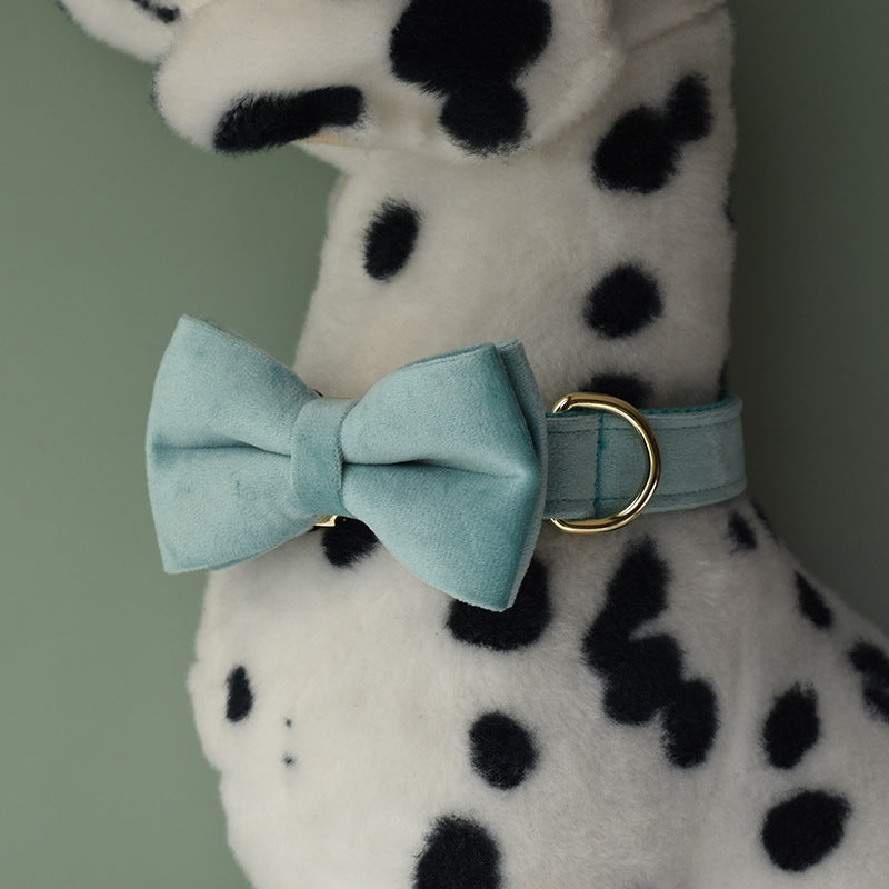 KFX-5124541 Lake Green Velvet Double Layer Dog Collar with Gold Buckle and Leash Set, Bow Included, Sizes S-XL