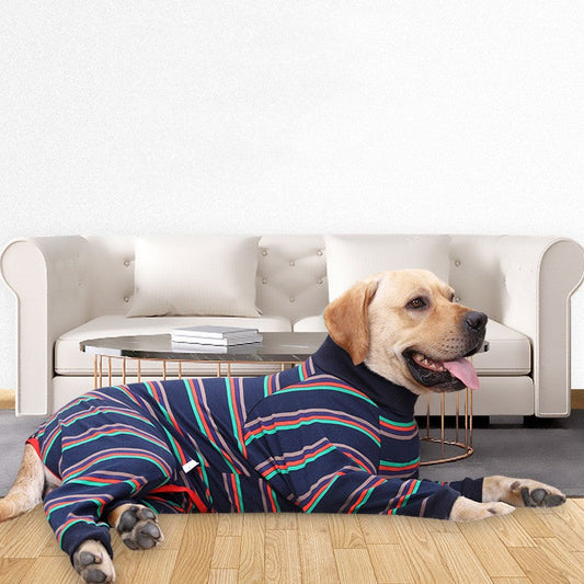 KFX-5128893 Cozy Cotton Four-Legged Dog Homewear in Gray and Dark Blue Stripes