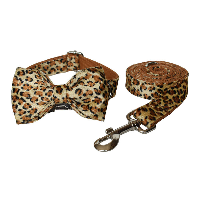 KFX-5130301 Leopard Print Zinc Alloy Dog Collar with Adjustable Leash and Bow Accessories