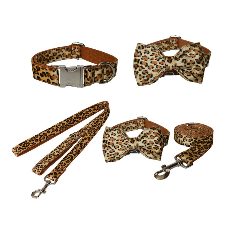 KFX-5130301 Leopard Print Zinc Alloy Dog Collar with Adjustable Leash and Bow Accessories