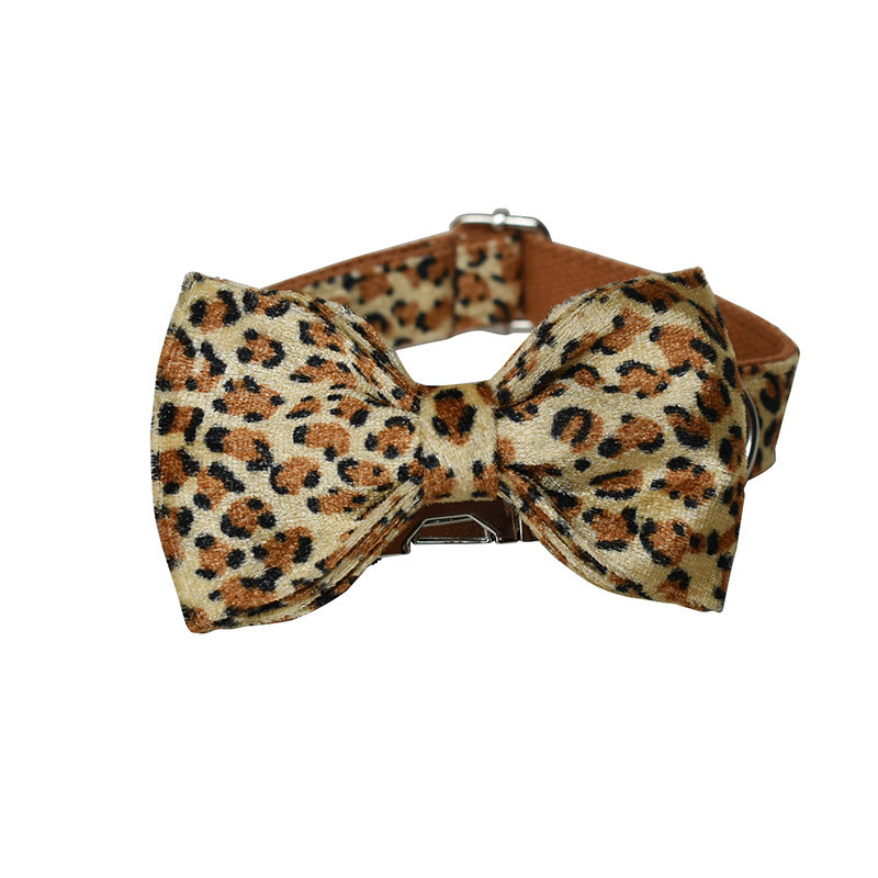 KFX-5130301 Leopard Print Zinc Alloy Dog Collar with Adjustable Leash and Bow Accessories