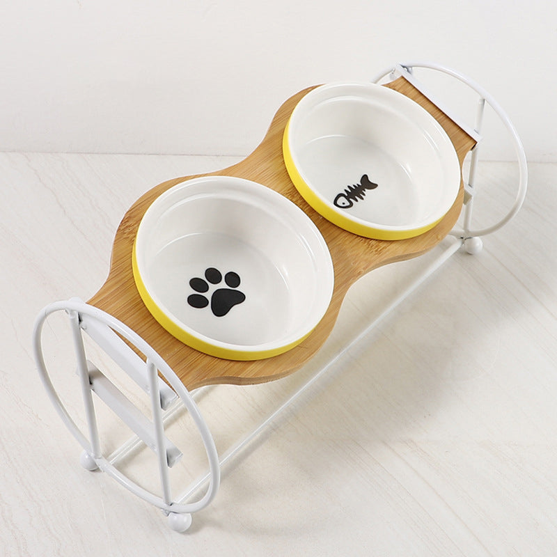 KFX-5134269 Bamboo and Wood Pet Bowl Stand with Double Ceramic Bowls for Cats and Small Dogs