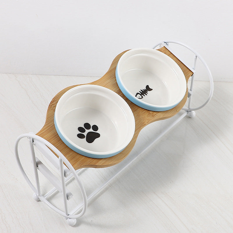KFX-5134269 Bamboo and Wood Pet Bowl Stand with Double Ceramic Bowls for Cats and Small Dogs