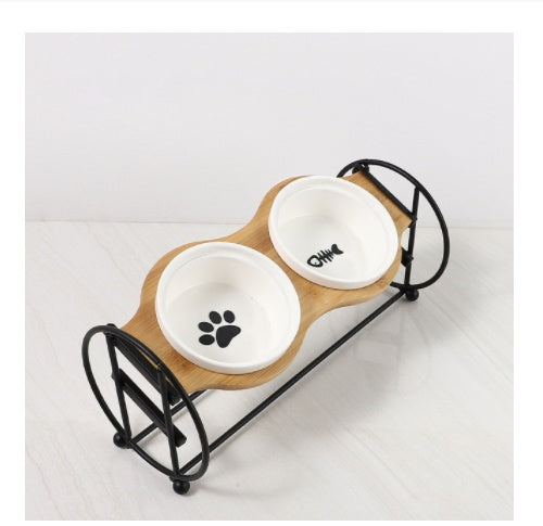 KFX-5134269 Bamboo and Wood Pet Bowl Stand with Double Ceramic Bowls for Cats and Small Dogs