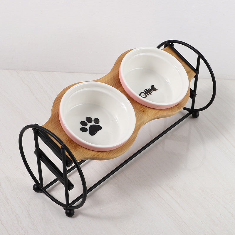 KFX-5134269 Bamboo and Wood Pet Bowl Stand with Double Ceramic Bowls for Cats and Small Dogs
