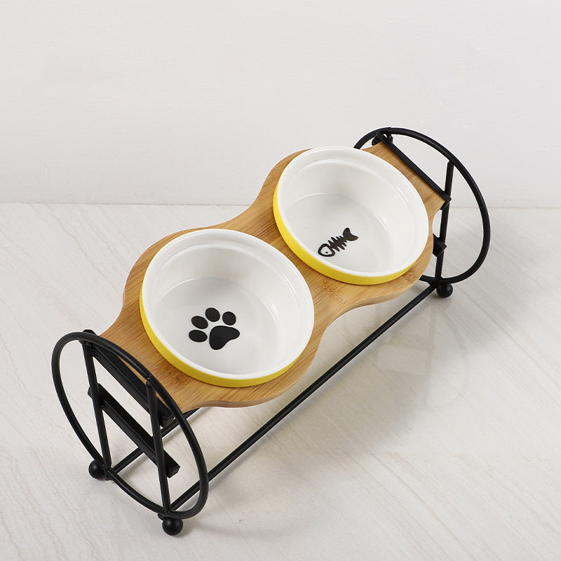 KFX-5134269 Bamboo and Wood Pet Bowl Stand with Double Ceramic Bowls for Cats and Small Dogs