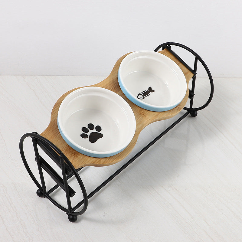 KFX-5134269 Bamboo and Wood Pet Bowl Stand with Double Ceramic Bowls for Cats and Small Dogs