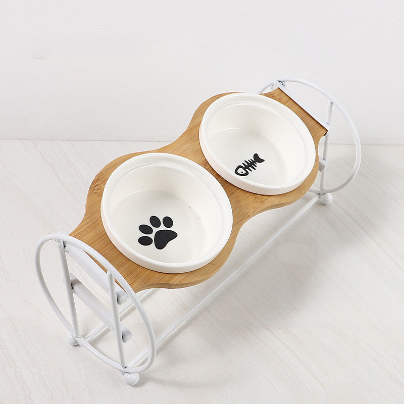 KFX-5134269 Bamboo and Wood Pet Bowl Stand with Double Ceramic Bowls for Cats and Small Dogs