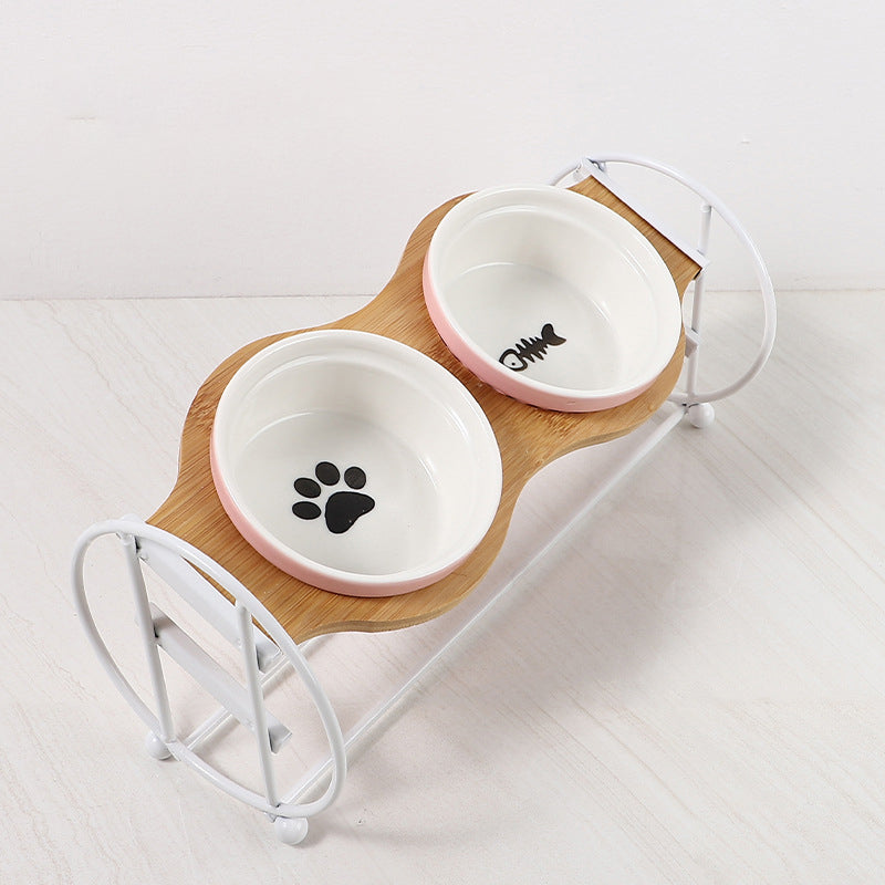 KFX-5134269 Bamboo and Wood Pet Bowl Stand with Double Ceramic Bowls for Cats and Small Dogs