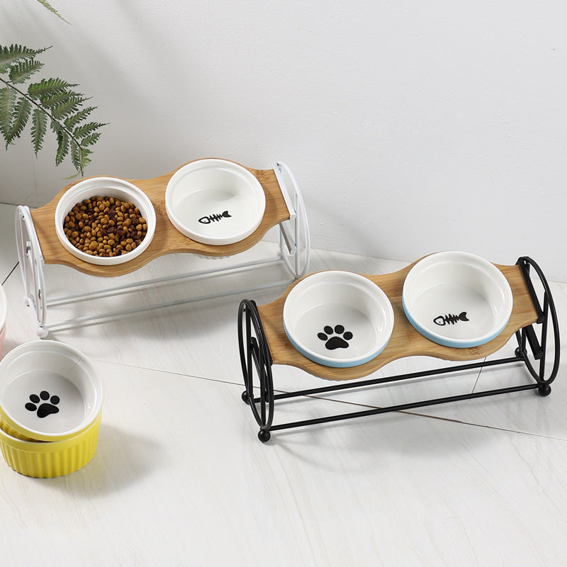 KFX-5134269 Bamboo and Wood Pet Bowl Stand with Double Ceramic Bowls for Cats and Small Dogs