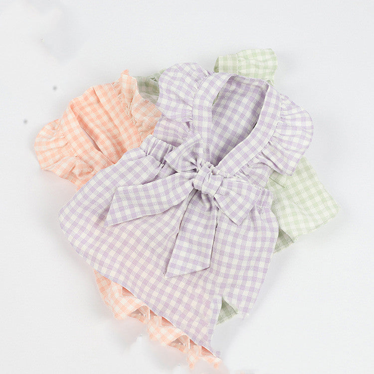 KFX-5136445 Plaid Bow Dress for Pets - Stylish Cat and Dog Costume in Purple, Green, and Pink, Sizes XXS to 3XL
