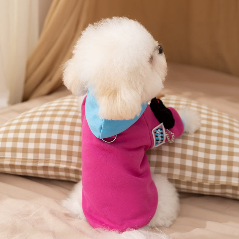 KFX-5138621 Color-Blocking Hooded Pet Sweatshirt for Small and Medium Dogs with Plush Cat Necklace Details