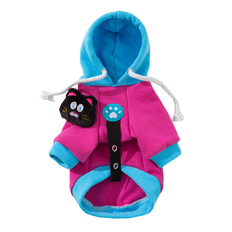 KFX-5138621 Color-Blocking Hooded Pet Sweatshirt for Small and Medium Dogs with Plush Cat Necklace Details
