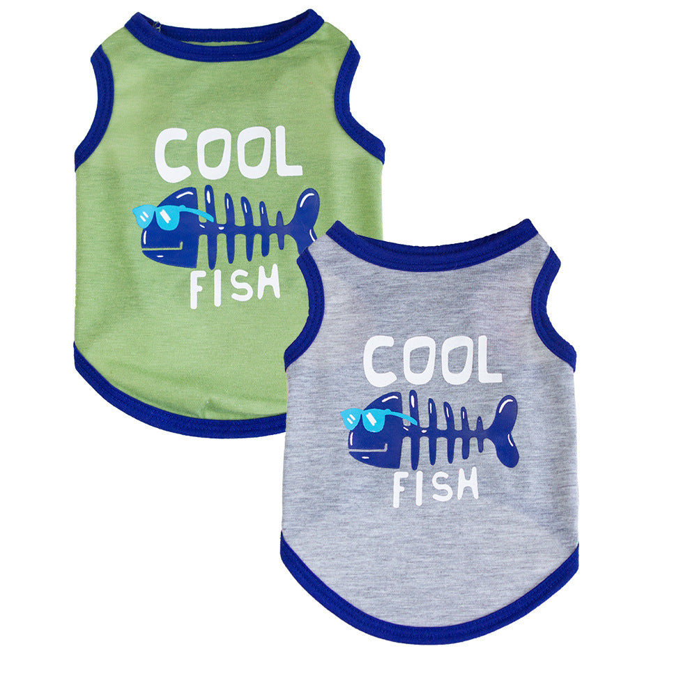 KFX-5139645 Small Fish Design Casual Cat Vest - Lightweight Cotton Pet Clothing in Gray and Green, Available in Multiple Sizes