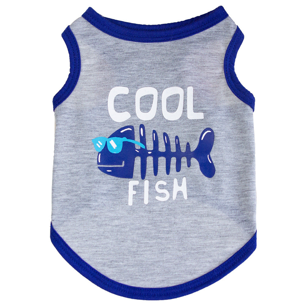 KFX-5139645 Small Fish Design Casual Cat Vest - Lightweight Cotton Pet Clothing in Gray and Green, Available in Multiple Sizes