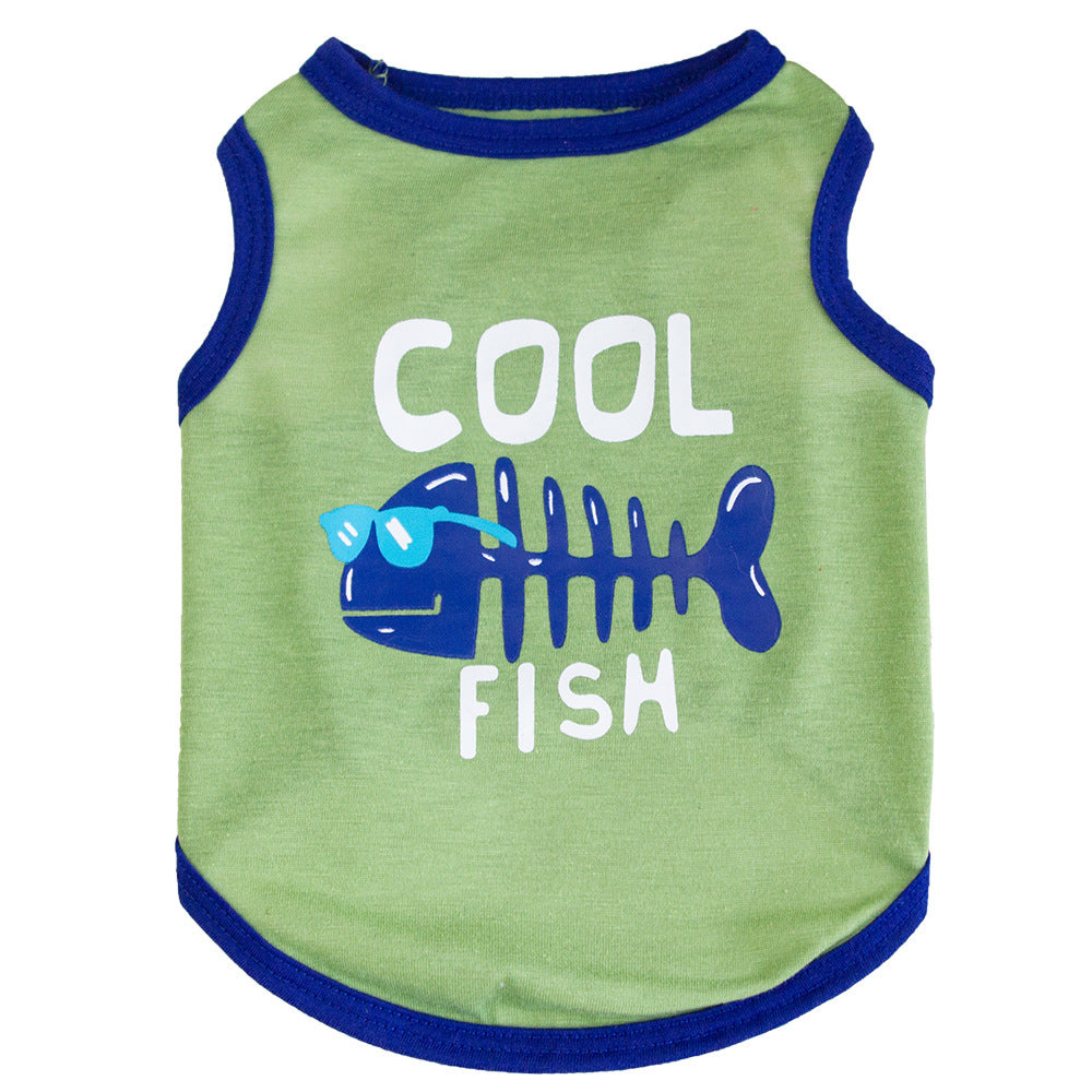 KFX-5139645 Small Fish Design Casual Cat Vest - Lightweight Cotton Pet Clothing in Gray and Green, Available in Multiple Sizes