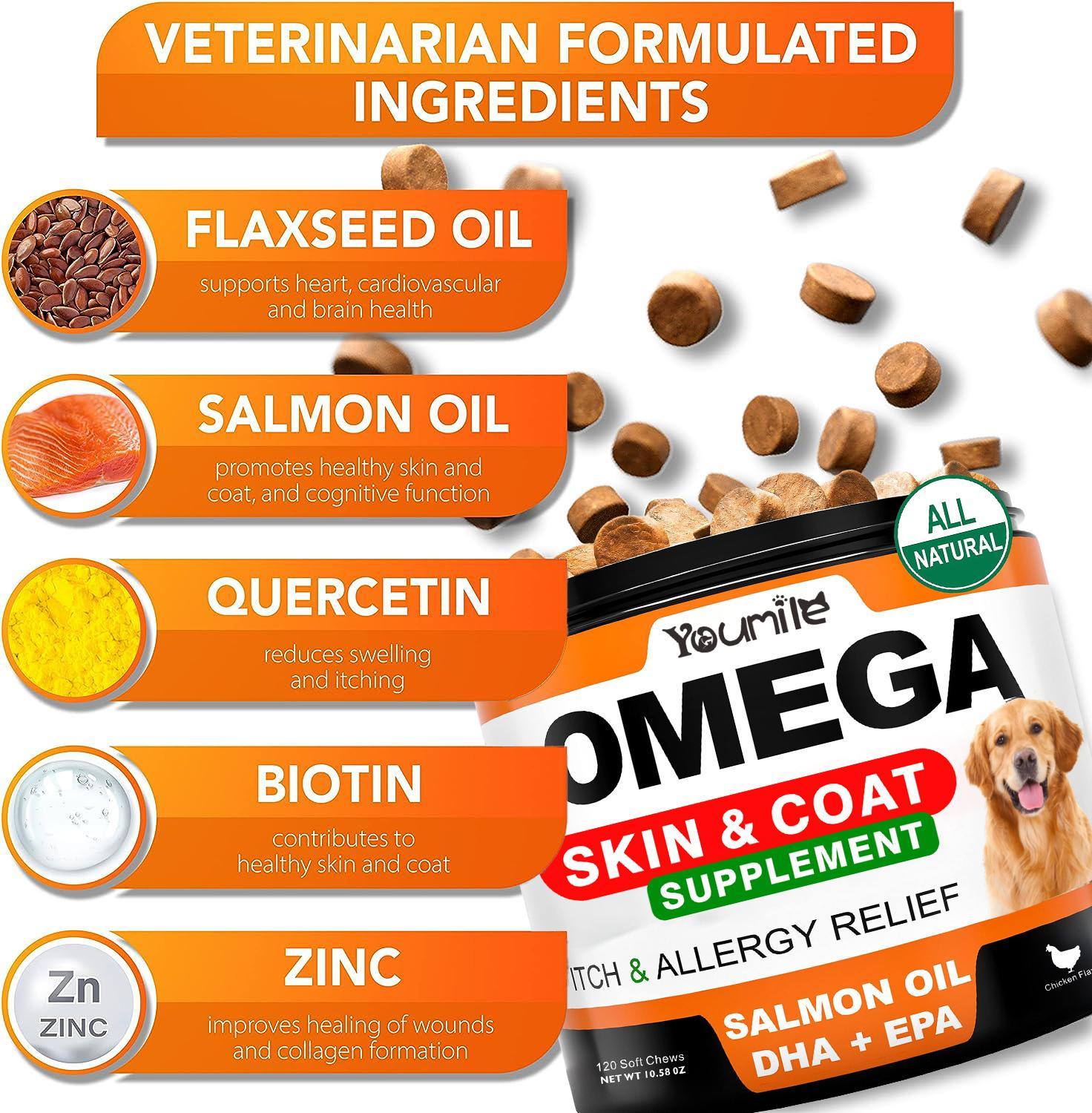 KFX-5139901 Omega 3 Fish Oil Chews for Dogs - Allergy Relief, Itch & Shedding Support, 120 Count Chews for Healthy Skin & Coat