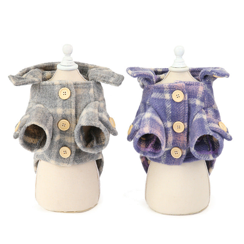 KFX-5142205 Woolen Plaid Two-Legged Dog Windbreaker for Autumn and Winter - Khaki and Purple Options Available