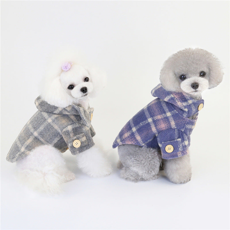 KFX-5142205 Woolen Plaid Two-Legged Dog Windbreaker for Autumn and Winter - Khaki and Purple Options Available