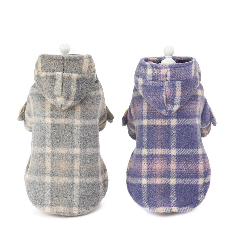 KFX-5142205 Woolen Plaid Two-Legged Dog Windbreaker for Autumn and Winter - Khaki and Purple Options Available