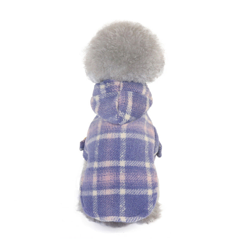 KFX-5142205 Woolen Plaid Two-Legged Dog Windbreaker for Autumn and Winter - Khaki and Purple Options Available