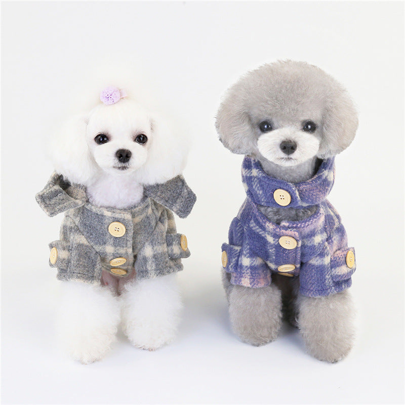 KFX-5142205 Woolen Plaid Two-Legged Dog Windbreaker for Autumn and Winter - Khaki and Purple Options Available