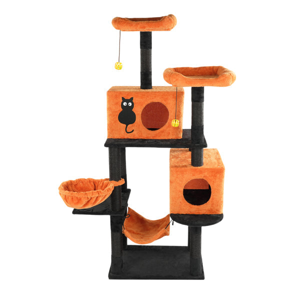 KFX-5148861 Halloween Cat Tower with Condos, Perches, Hammocks, and Scratching Posts - Multi-Level Cat Activity Center in Orange & Black