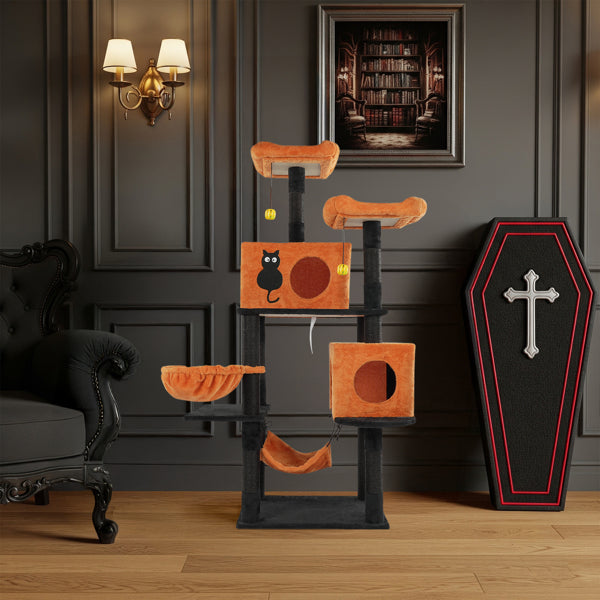 KFX-5148861 Halloween Cat Tower with Condos, Perches, Hammocks, and Scratching Posts - Multi-Level Cat Activity Center in Orange & Black