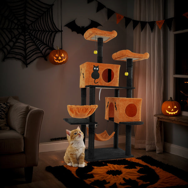 KFX-5148861 Halloween Cat Tower with Condos, Perches, Hammocks, and Scratching Posts - Multi-Level Cat Activity Center in Orange & Black
