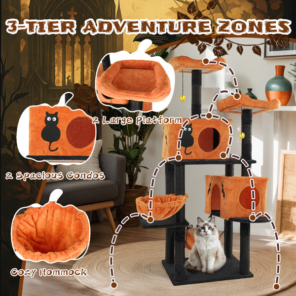KFX-5148861 Halloween Cat Tower with Condos, Perches, Hammocks, and Scratching Posts - Multi-Level Cat Activity Center in Orange & Black