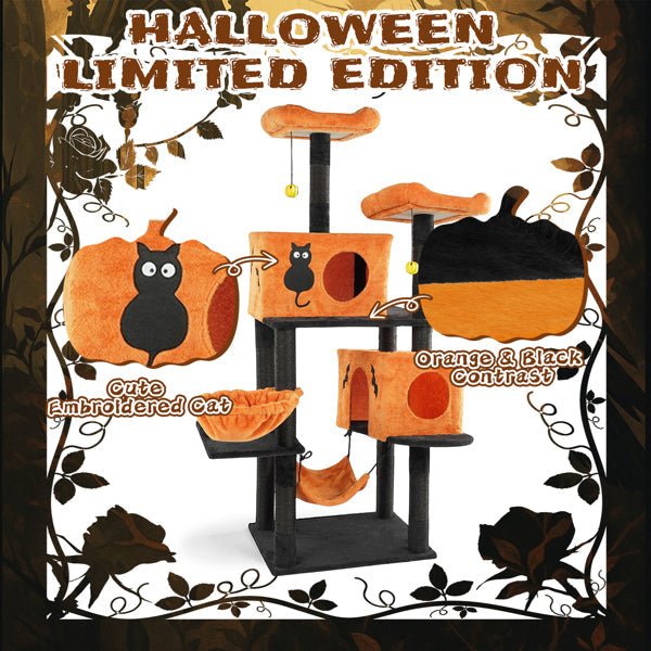 KFX-5148861 Halloween Cat Tower with Condos, Perches, Hammocks, and Scratching Posts - Multi-Level Cat Activity Center in Orange & Black