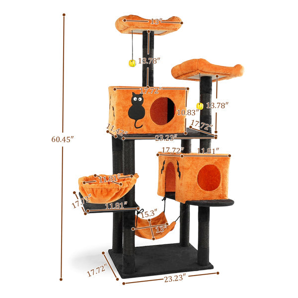 KFX-5148861 Halloween Cat Tower with Condos, Perches, Hammocks, and Scratching Posts - Multi-Level Cat Activity Center in Orange & Black