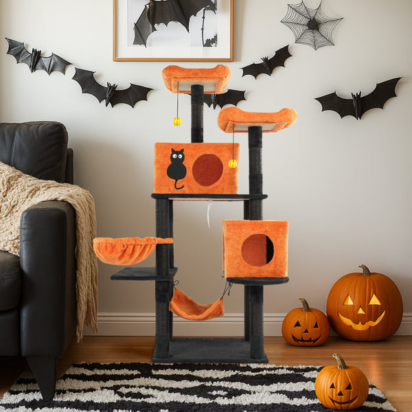 KFX-5148861 Halloween Cat Tower with Condos, Perches, Hammocks, and Scratching Posts - Multi-Level Cat Activity Center in Orange & Black