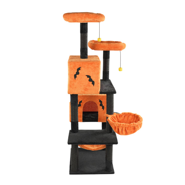 KFX-5148861 Halloween Cat Tower with Condos, Perches, Hammocks, and Scratching Posts - Multi-Level Cat Activity Center in Orange & Black