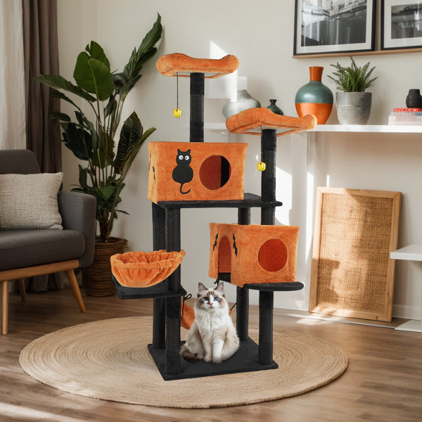 KFX-5148861 Halloween Cat Tower with Condos, Perches, Hammocks, and Scratching Posts - Multi-Level Cat Activity Center in Orange & Black