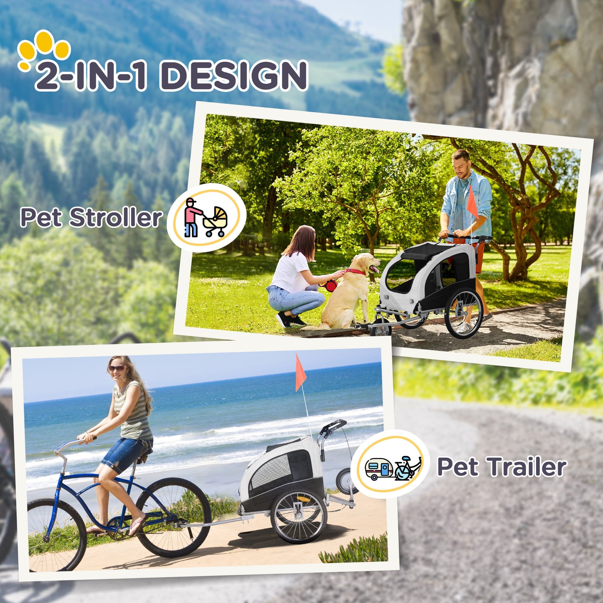 KFX-5151037 2-in-1 Dog Bike Trailer and Stroller with Canopy, Storage Pockets, and Safety Leash