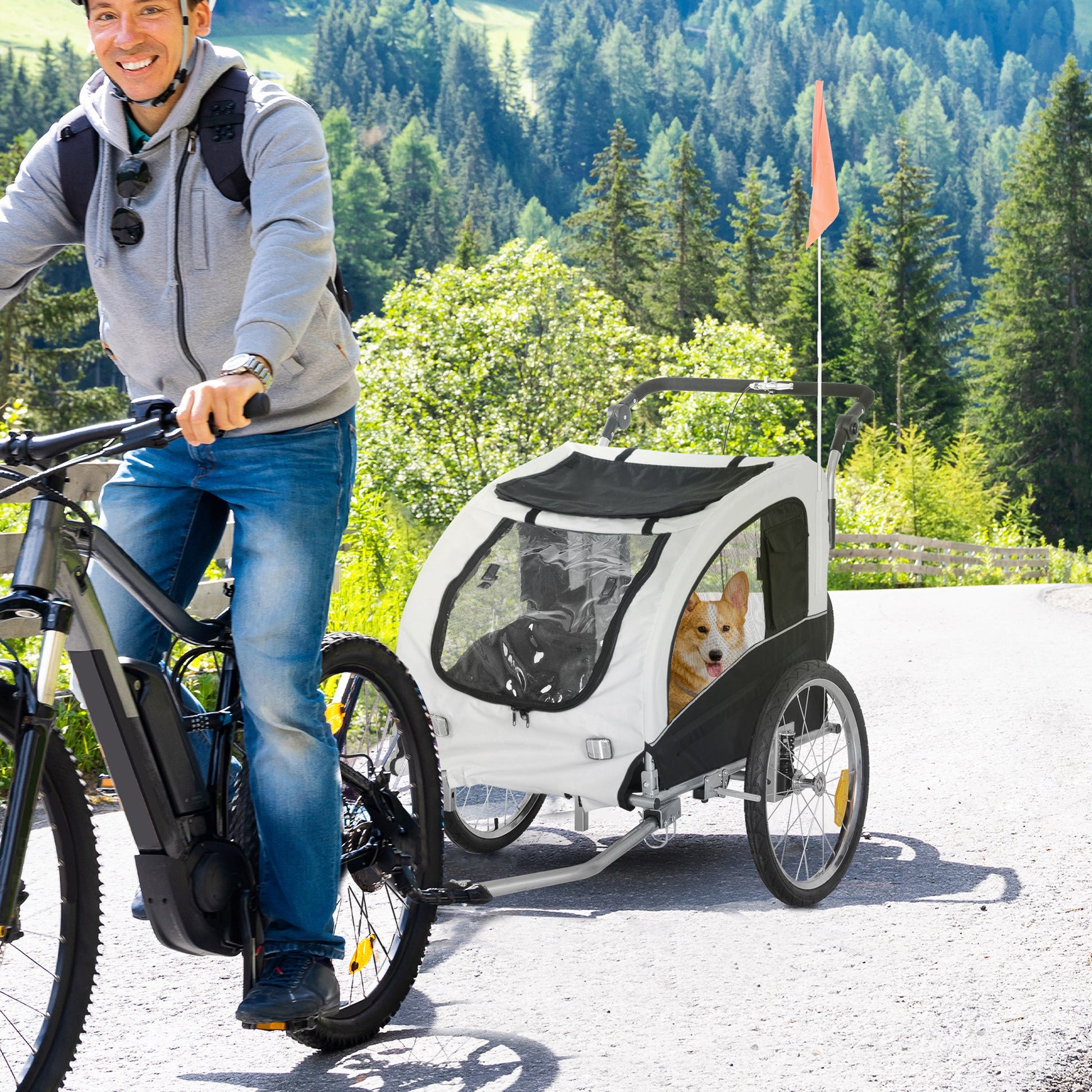 KFX-5151037 2-in-1 Dog Bike Trailer and Stroller with Canopy, Storage Pockets, and Safety Leash