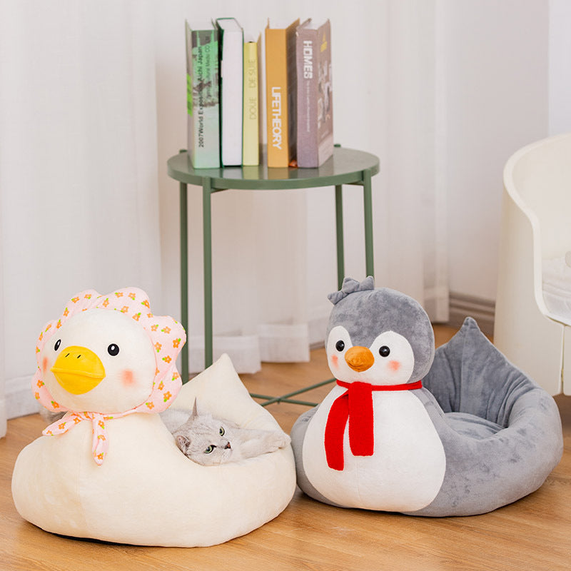 KFX-5155389 Cute Cartoon Animal Pet Nest - Soft Cloth Cat Litter Bed in Village Girl Duck and Penguin Designs, Medium & Large