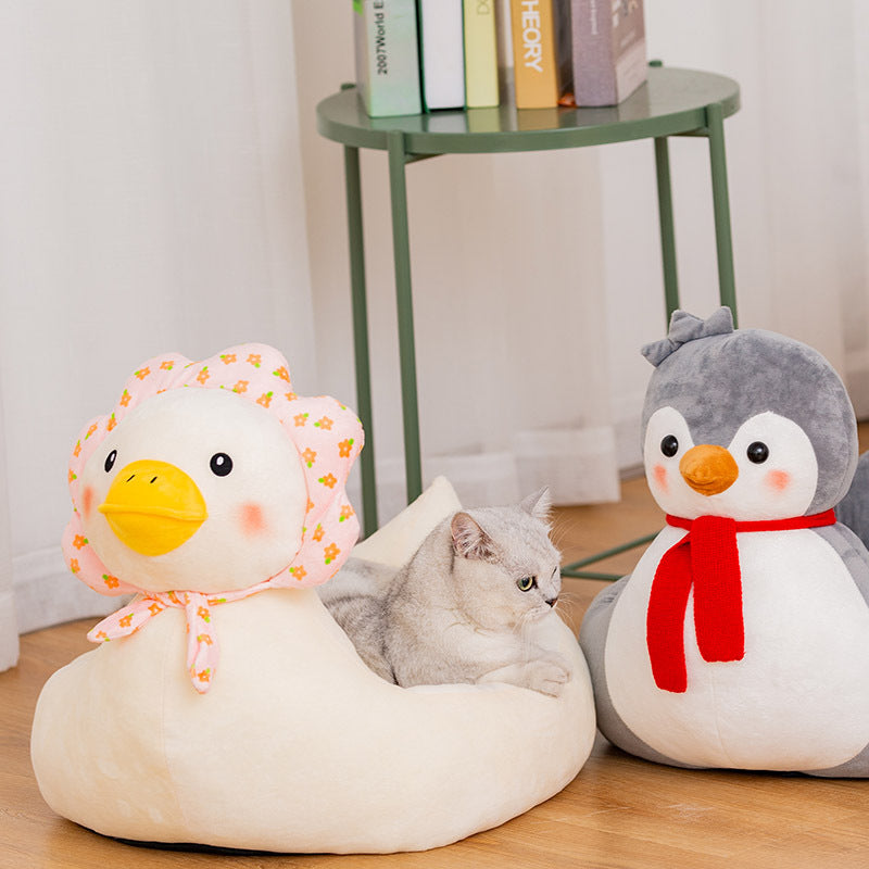 KFX-5155389 Cute Cartoon Animal Pet Nest - Soft Cloth Cat Litter Bed in Village Girl Duck and Penguin Designs, Medium & Large