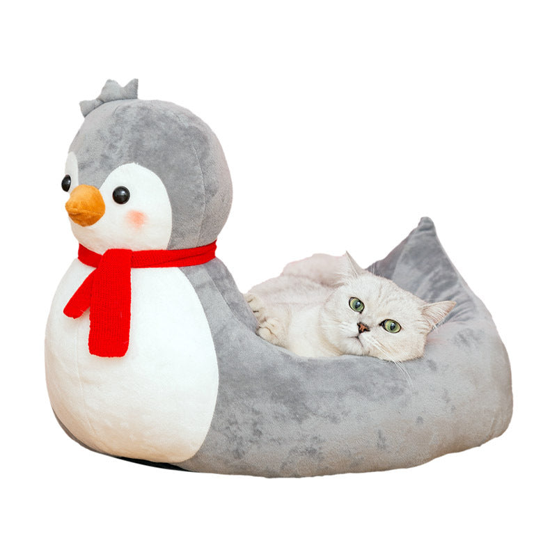 KFX-5155389 Cute Cartoon Animal Pet Nest - Soft Cloth Cat Litter Bed in Village Girl Duck and Penguin Designs, Medium & Large