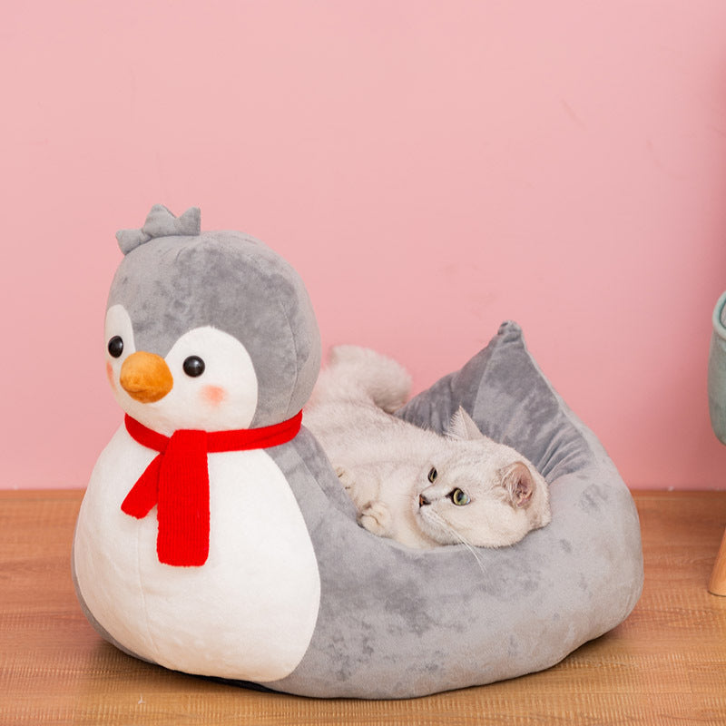 KFX-5155389 Cute Cartoon Animal Pet Nest - Soft Cloth Cat Litter Bed in Village Girl Duck and Penguin Designs, Medium & Large