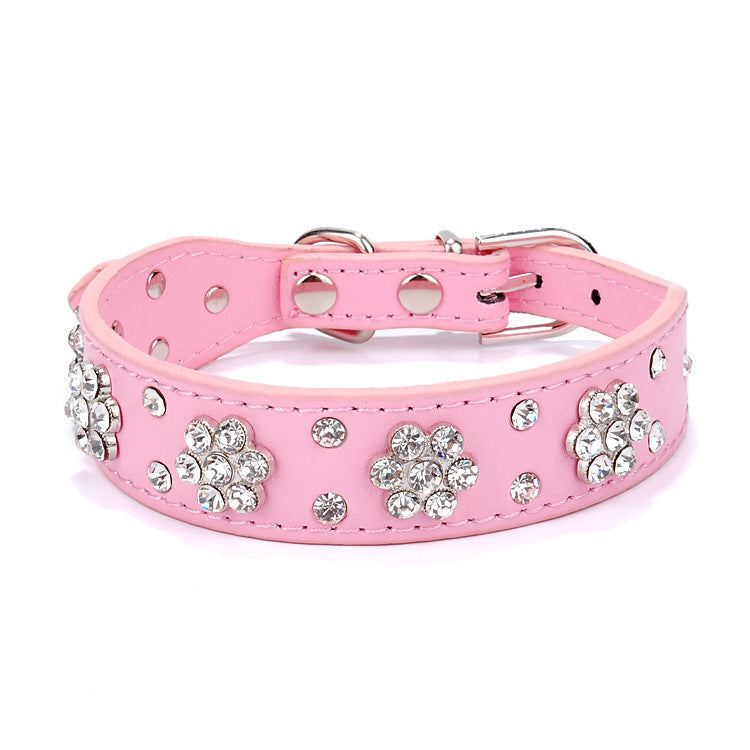KFX-5168317 Rhinestone Flower Pattern PU Leather Dog Collar for Small and Medium Pets