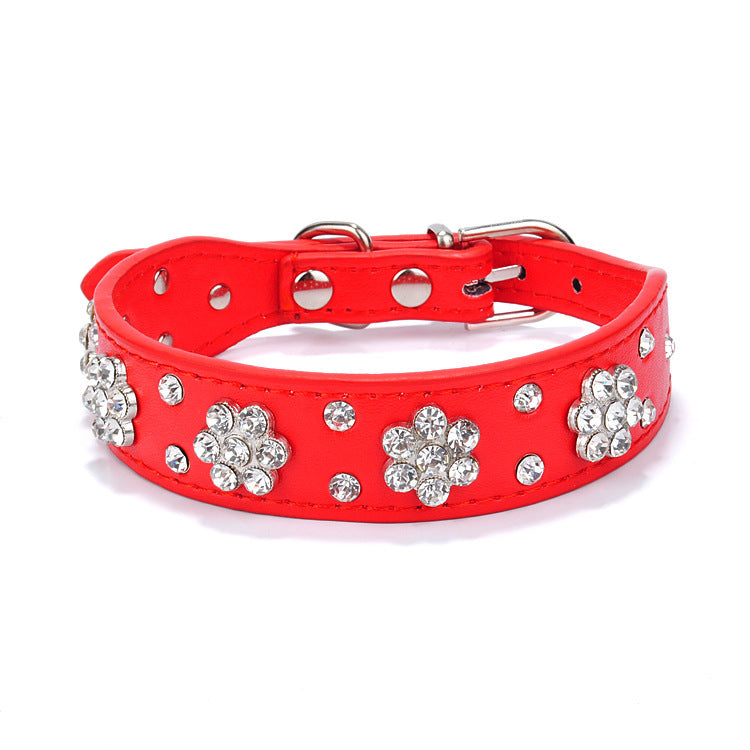 KFX-5168317 Rhinestone Flower Pattern PU Leather Dog Collar for Small and Medium Pets