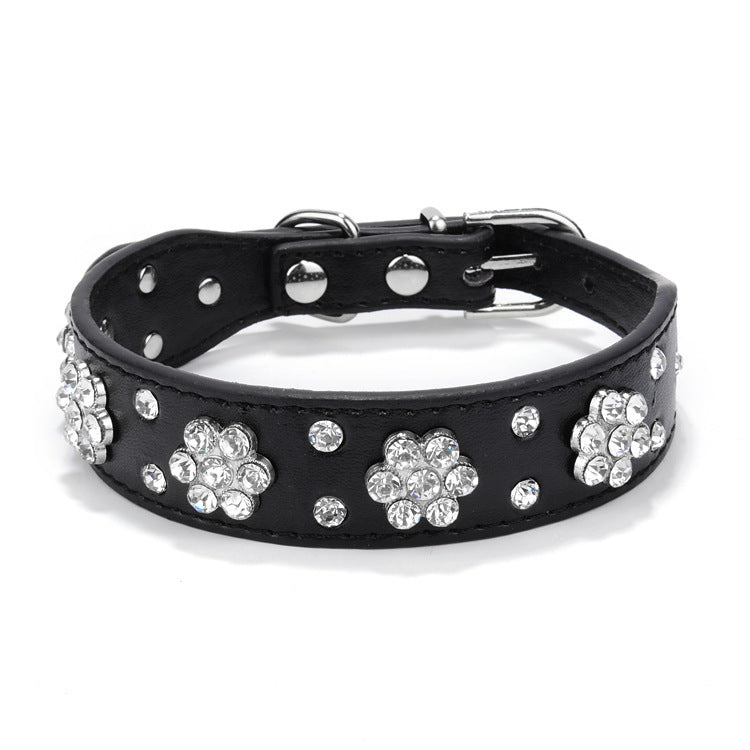 KFX-5168317 Rhinestone Flower Pattern PU Leather Dog Collar for Small and Medium Pets