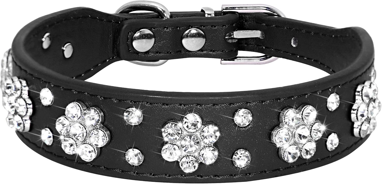 KFX-5168317 Rhinestone Flower Pattern PU Leather Dog Collar for Small and Medium Pets